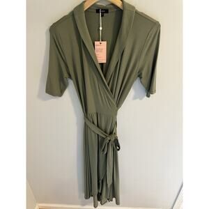 NWT Quince Tencel Jersey Shawl Collar Wrap Dress Olive Green Large Maxi Length